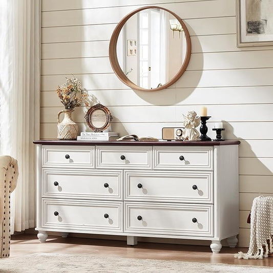 Farmhouse Dressers & Night Stand Set of 4, Wood 54" Wide 7 Drawer Dresser & 35" Tall Chest of Drawers, 18" Roman Column Nightstand Set of 2, Bedroom Furniture Dresser Sets for Home Living Room Hallway
