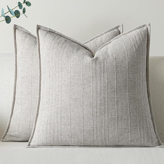 a moment Linen Pillow Covers Set of 2,Boho Farmhouse Throw Pillowcases Neutral Textured Decorative Covers for Couch Sofa, Linen Blend Accent Case Cushion Living Room Home Decor 26"x26" Beige Grey