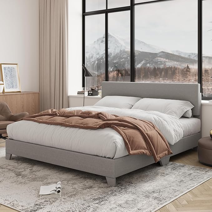 Allewie Queen Bed Frame with Upholstered Adjustable Headboard, Platform Bed with Wood Slats, Heavy Duty Mattress Foundation, No Box Spring Needed, Easy Assembly, Light Grey