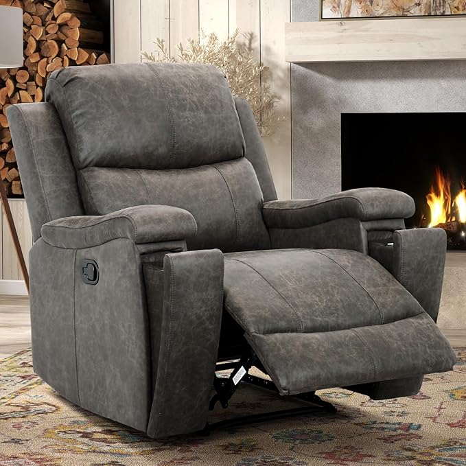 CANMOV Leather Recliner Chair, Classic and Traditional Manual Recliner Chair with Overstuffed Arms and Back, Manual Single Sofa with Concealed Cup Holders,Grey