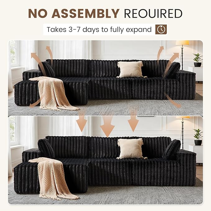 Apicizon 113" Modular Sectional Couch for Living Room, L Shaped Sectional Sofa Couch with Deep Seat, Boneless Sleeper Sofa with Chaise Longue for Apartment,No Assembly Required (Plush Corduroy Black)