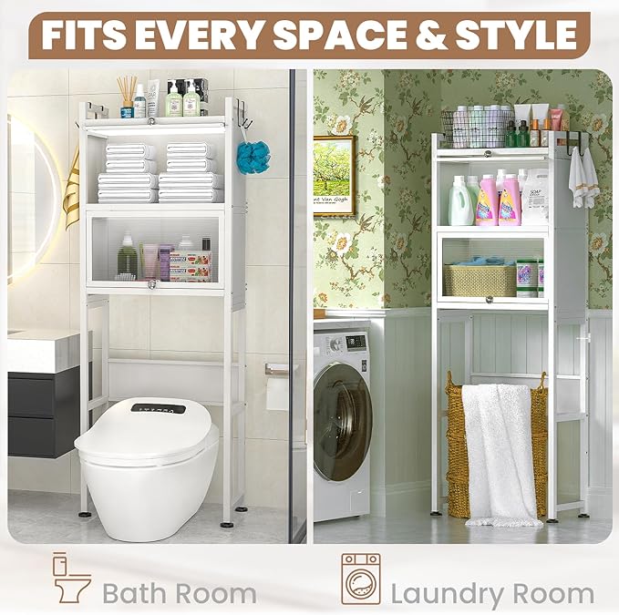 ZZL Over The Toilet Storage Cabinet,3-Tier,Bathroom Toilet Organizer,Waterproof, Cabinet Door Design,Freestanding Space Saver with 4 Hooks for Bathroom,White