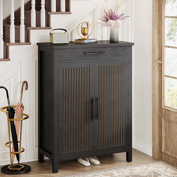 Tribesigns Shoe Cabinet, 5-Tier Shoe Storage Cabinet with Louvered Doors and Drawer, Freestanding Wooden Shoe Rack Organizer with Adjustable Shelves for Entryway, Hallway, Closet, Black