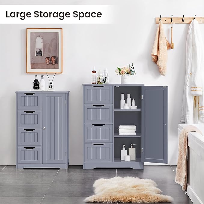 Yaheetech Large Bathroom Floor Cabinet with 4 Dawers and Single Door Cabinet, Freestanding Storage Cabinet for Living Room Kitchen Hallway, Gray