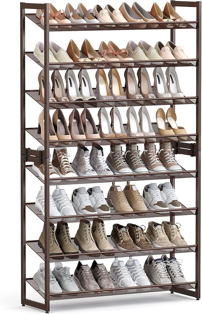 SONGMICS Shoe Rack, 8-Tier Shoe Organizer, Metal Rack for Garage, Set of 2, 4-Tier Stackable Shelf, with Adjustable Flat or Angled Shelves, 32-40 Pairs, Bronze ULMR08A