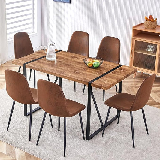 7 Piece Dining Table Set,Dinner Table Set for 6,55'' Kitchen Table and Suede Nap Fabic Chairs Set of 6,6 Chair Dining Table Set for Kitchen Dining Room