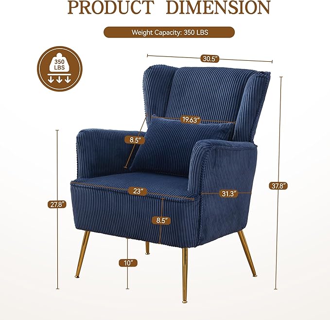 Corduroy Accent Living Room Arm Chair with Pillow & Golden Legs, 8.5" Thick Cushion, Mid Century Modern Wingback Chairs Upholstered Comfy Sofa Armchair for Reading Room/Bedroom, Blue