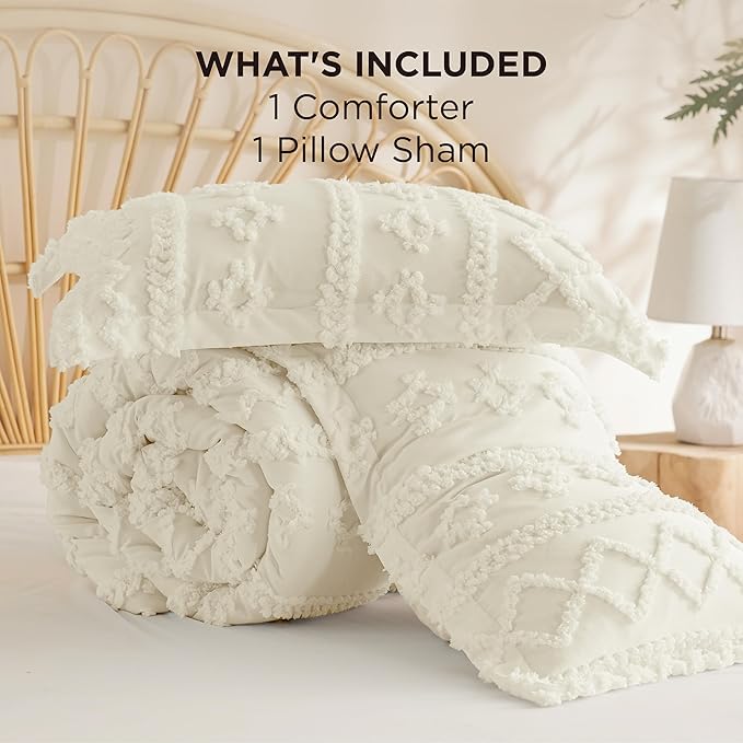 Bedsure Tufted Boho Comforter Set Twin Size - Ivory Boho Bed Set, GentleSoft™ 2 Pieces Farmhouse Shabby Chic Embroidery Bedding, Gifts for Woman, Soft Jacquard Twin Comforter for All Seasons