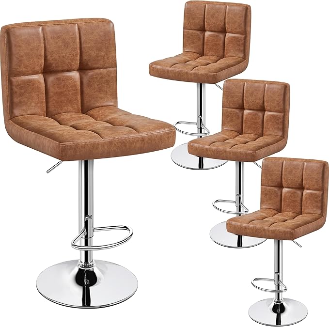 Yaheetech Bar Stools Set of 4, PU Leather Swivel Barstools, Height Adjustable Counter Chairs, Modern Stools with Back for Bar Kitchen Island Dining Room, Retro Brown