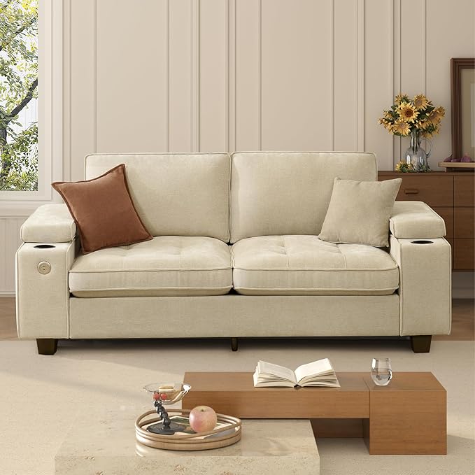 84" Loveseat for Living Room,Modern Chenille Upholstered 2-Seater Loveseat Couch for Apartment,Solid Wood Sofa with Adjustable Storage Armrest,Cup Holders,USB & Type-C Ports(Beige)