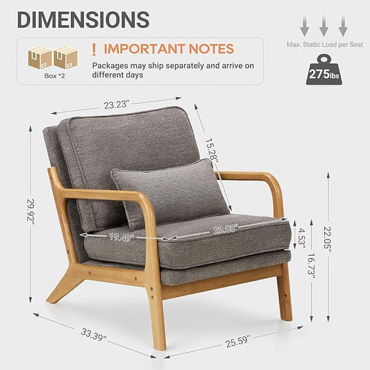 COLAMY Mid Century Modern Accent Chair Set of 2 with Lumbar Pillow, Relaxing Armchair with Solid Wood Frame & Soft Cushion, Reading Leisure Chair for Living Room,(Grey)