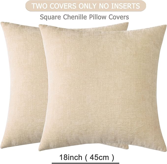 GAWAMAY Decorative Square Throw Pillow Covers 18"x18" Inch Set of 2, Super Soft Chenille Pillows Farmhouse Fall Pillowcase for Living Room Bedroom Sofa Couch Cushion Cover Beige 45x45cm (No Insert)