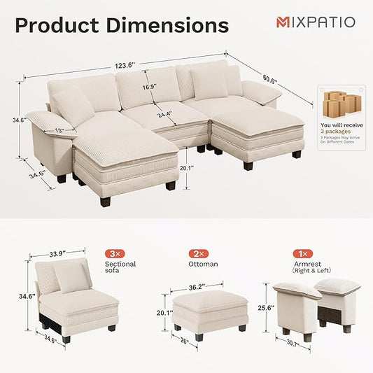 123-Inch U Shaped Sectional Sofa with Cloud Cushions, Deep Seat Modular Couch Set w/ 5 Seats & 2 Ottomans, Plush Chenille & Corduroy Upholstery for Living Room, Apartment - Beige