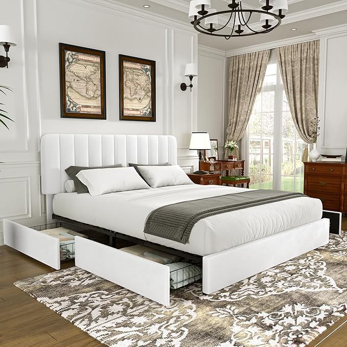 VECELO Full Size Upholstered Bed Frame with 4 Drawers and Headboard, Velvet Platform Storage Bedframe, Wooden Slats Support, No Box Spring Needed,White