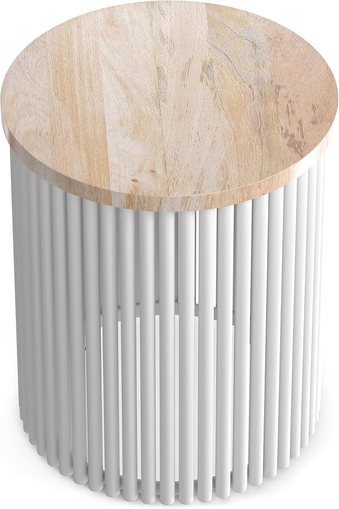 SIMPLIHOME Demy 18-inch Wide Metal and Solid Mango Accent Table in Natural/White, Round Side Table with Mango Wood Top for Living Room or Bedroom, Industrial Style, Assembled