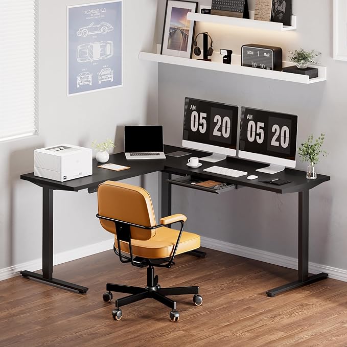 FLEXISPOT L Shaped Standing Desk, 71 x 63 Inch Electric Height Adjustable Corner Desk, Sit Stand Computer Workstation, Preset Controller, Home Office, Black Frame with Black Top, Black Drawer