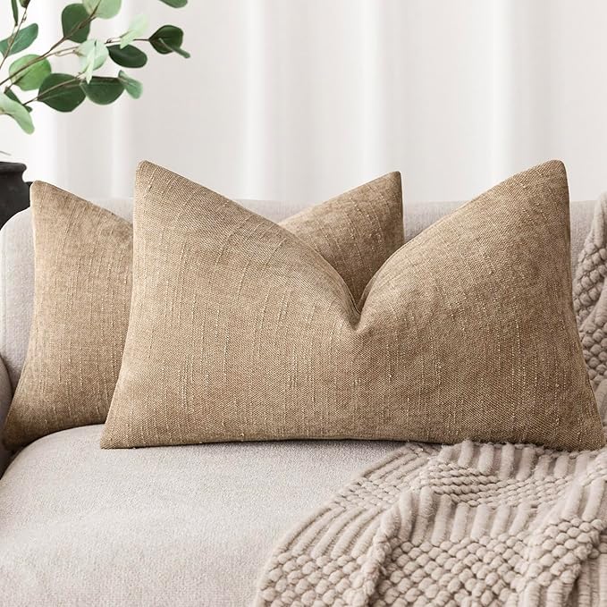 Foindtower Pack of 2 Soft Textured Chenille Throw Decorative Pillow Covers Square Accent Solid Cushion Cover Neutral Lumbar Pillow Case for Couch Sofa Bedroom Living Room 12x24 Inch,Taupe Khaki Camel