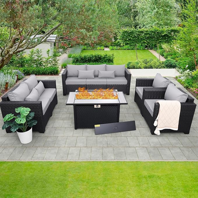 Rattaner 5 Pcs Outdoor Furniture Sets Patio Furniture Set with 45" Fire Pit Patio Couch Outdoor Chairs 60000 BTU Steel Propane Fire Pit Table No-Slip Cushions and Waterproof Covers, Light Grey