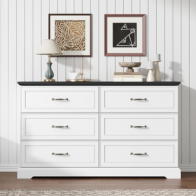 6 Drawer Dresser for Bedroom, 53" Wide Wooden Chest of Drawers, Rustic Farmhouse Dresser with Large Drawers & Metal Handles, Modern Storage Organizer for Closet, Living Room, Hallway, White