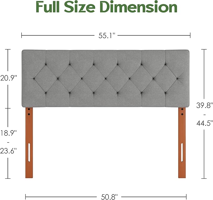 Upholstered Full Size Headboard Only for Bed Frame from 42”-55”, Adjustable Height Full Headboards with Durable Wood Leg, Fabric Bed Board in Modern Button Design, Light Grey
