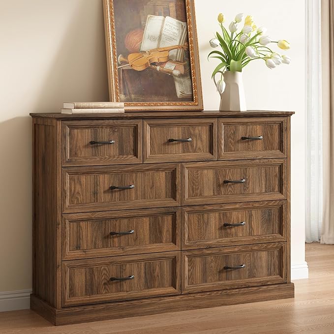 Farmhouse 9 Drawer Dresser for Bedroom, 55 Inch Wide Modern Walnut Dresser TV Stand with Large Drawers & Bar Handles, Rustic Wood Chest of Drawers for Bedroom, Living Room, Hallway, Entryway.