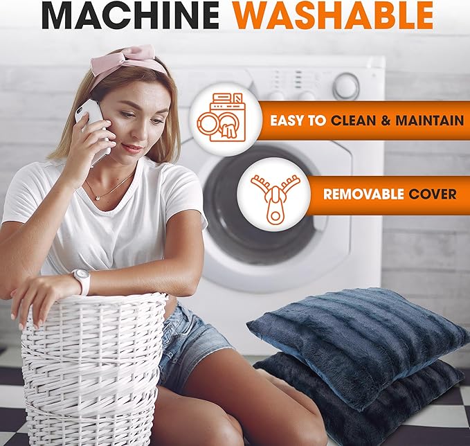 Cheer Collection Faux Fur Throw Pillows - Decorative Pillows for Couch, Bed Throw Pillows, Blue Accent Pillows for Bedroom or Living Room Aesthetic, Set of 2 Furry Throw Pillows, 16" x 16"