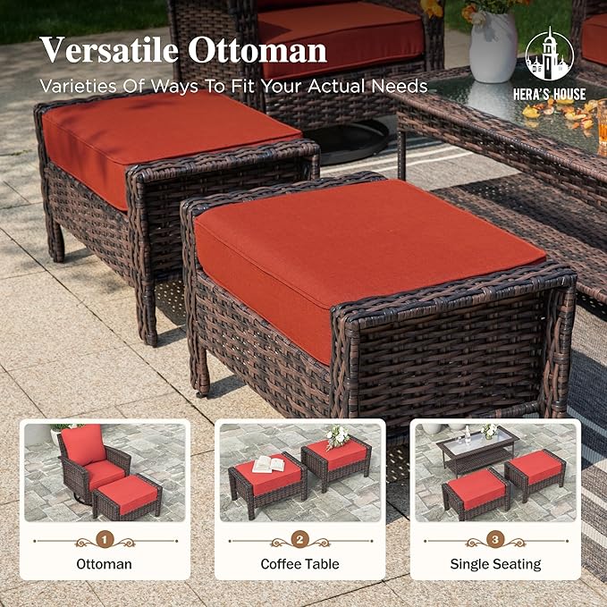 HERA'S HOUSE High Back Swivel Patio Furniture Set with 5.5" Thick Cushions, 5-Piece Oversized Outdoor Wicker Sectional Conversation Set with Ottomans for Garden Yard Porch, Red