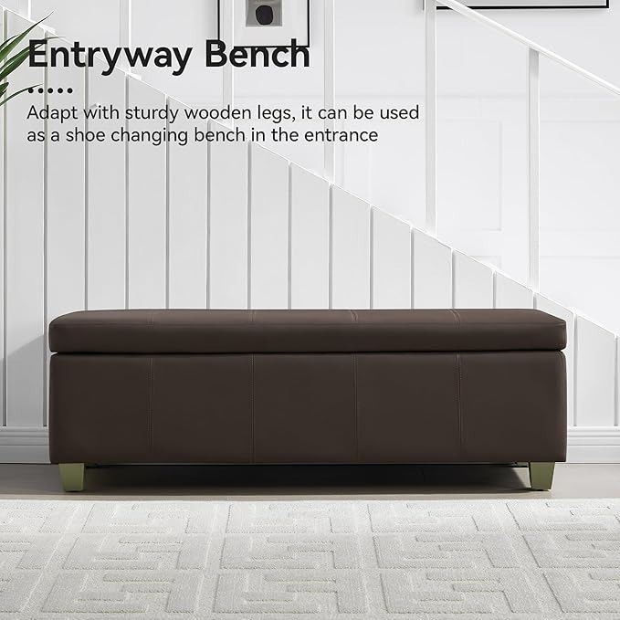 51" Faux Leather Storage Ottoman, Stitch Tufted Rectangle Upholstered End of Bed Storage Bench, Entryway Large Couch Ottoman with Wooden Legs,Brown