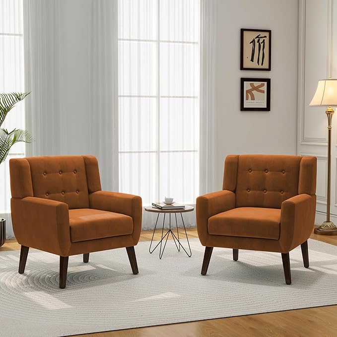 Accent Chair, Modern Velvet Arm Chair for Living Room, Bedroom, Comfy High-Resilient Sponge Reading Chair for Small Spaces (Velvet Orange, Set of 2