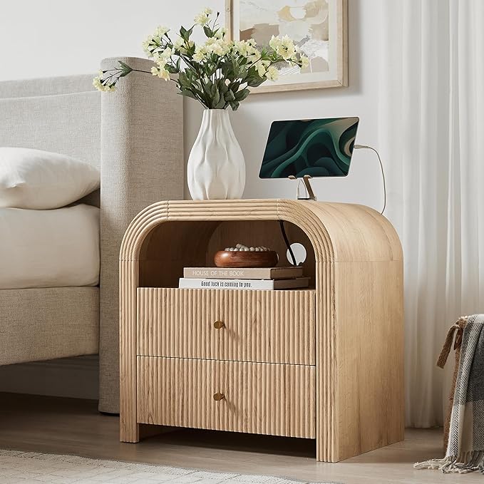 T4TREAM Fluted Nightstand with Charging Station, 24" Large 2 Drawers Bedside Table, Modern End Table with Storage Night Stand for Bedroom, Living Room, Round Curved Corner Design, Natural Oak
