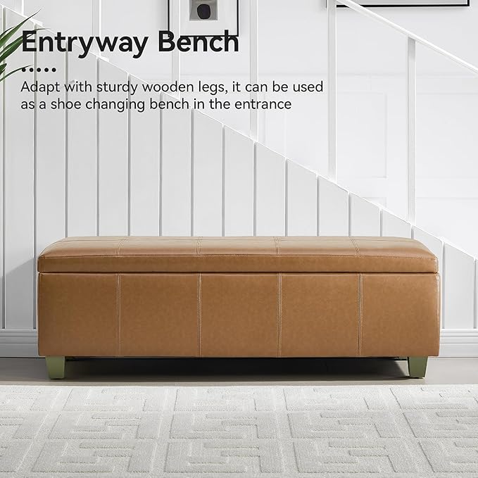 51" Faux Leather Storage Ottoman, Stitch Tufted Rectangle Upholstered End of Bed Storage Bench, Entryway Large Couch Ottoman with Wooden Legs, Light Brown