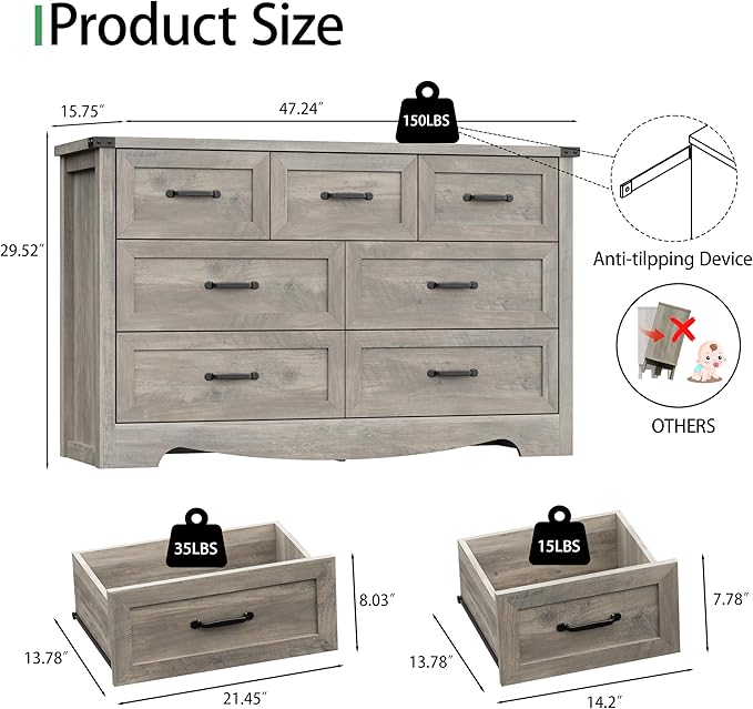 Dresser for Bedroom with 7 Drawers, 48" Wide Modern Chest of Drawers with Deep Drawers & Mental Handle, Wood Dresser TV Stand, Wooden Closet Storage Organizer for Living Room, Hallway, Entryway, Grey