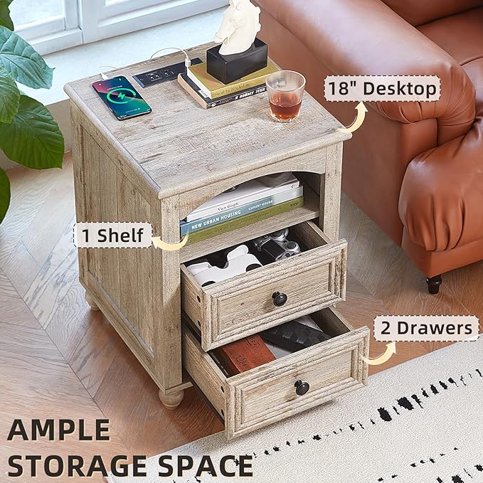 Dressers and Night Stand Set of 3, Wood 43.5" Tall Dresser and 18" Wide with Charging Station Chest of Drawers, Roman Column Nightstand Set of 2, Bedroom Furniture Dresser Suites for Home Living Room