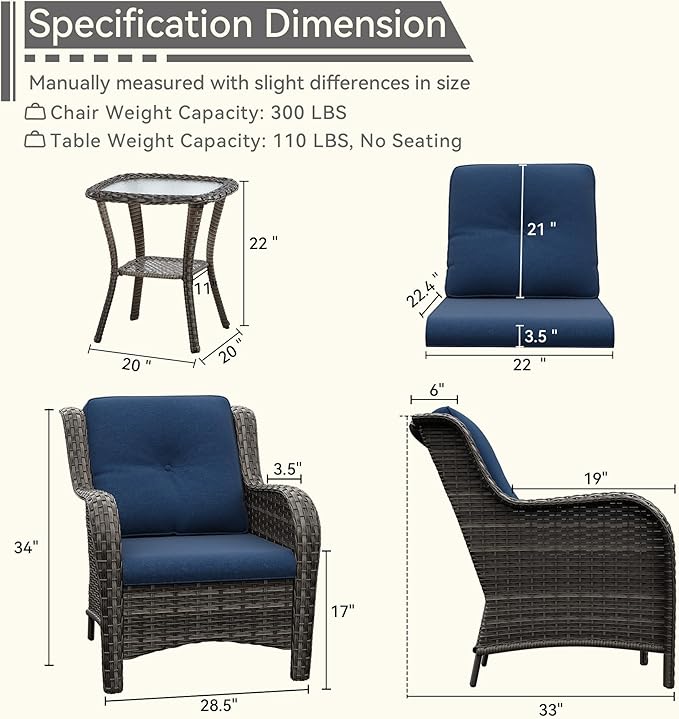 3 Pieces Outdoor Patio Chairs Set - Wicker Patio Conversation Sets with 1 Side Table, Olefin Fabric Cushions Suitable for Backyard Deck and Porch,Blue