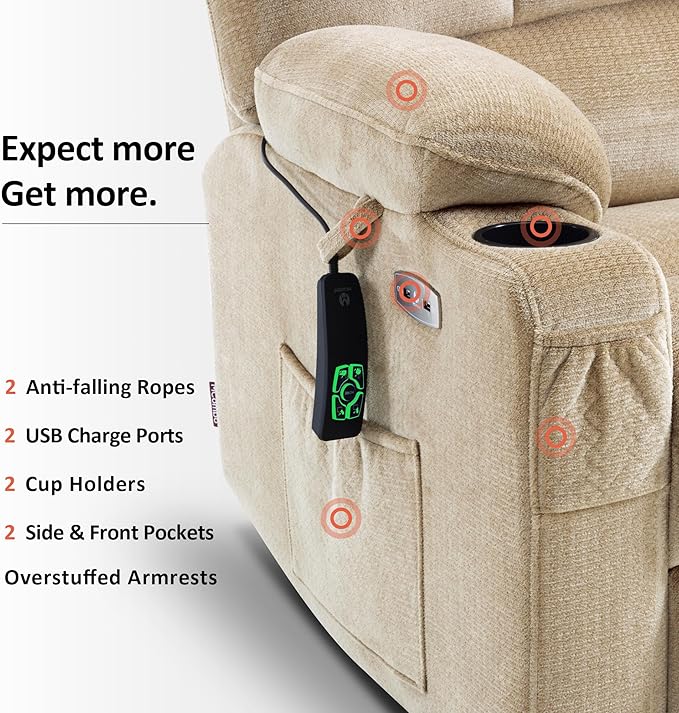 MCombo Oversized Dual Motor Power Lift Recliner Chair Sofa with Massage and Heat for Big Elderly People, Infinite Position, USB Ports, Fabric R7688 (Beige, Large-Oversize)