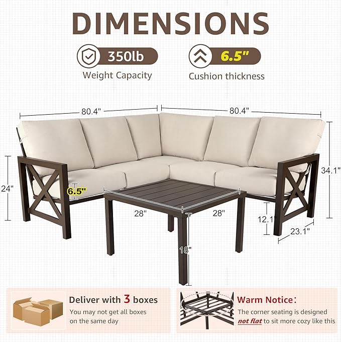 NATURAL EXPRESSIONS 6 Pieces Patio Furniture Sets, Metal Outdoor Sectional Furniture L Shape Patio Conversation Sets,Highback Frame,Metal Table,Large Waterproof Cover, 6.5" Olefin Cushions
