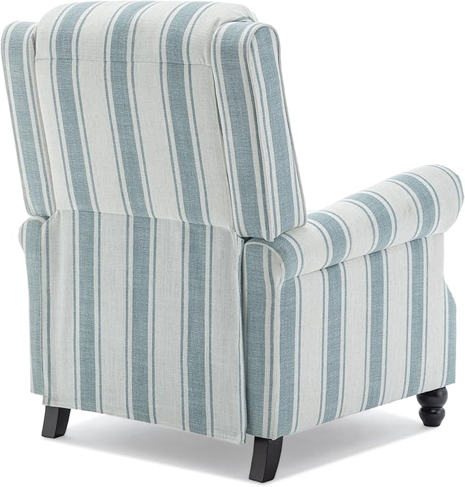 Pushback Recliner Chair, Comfy Fabric Wingback Recliner Chair, Upholstered Armchair Push Back Recliner with Wood Legs, Rivet Trim Single Sofa Accent Chair for Living Room, Bedroom, Blue Stripe