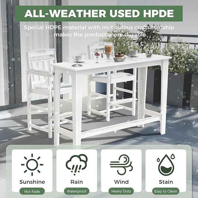 HDPE Outdoor Patio Bar Set with High Top Table and 2 Adirondack Chairs, All-Weather Bar Height Outside Rectangular Pub Furniture for Bistro, Garden, Backyard, Deck | 3-Pieces, White