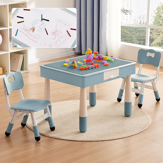 4 in 1 Kids Table and 2 Chairs Set with Storage, Toddler Table and Chair Set for Kids Ages 3-10, Graffiti & Building Blocks Double-Sided Tabletop (Grayish Blue, 2 Chairs)