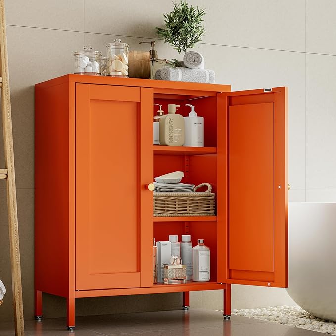 31.5"H Orange Metal Cabinet,Small Bathroom Storage Cabinet,Bathroom Floor Storage Cabinets,Small sideboard with 2 Adjustable Shelves & 2 Doors,Metal Kitchen Storage Cabinet for Hallway,Home Office