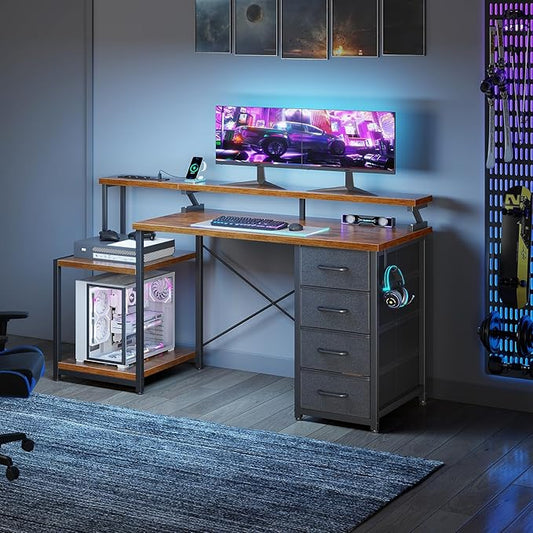 ODK 55 Inch Computer Desk with 4 Drawers, Office Desk with Power Outlets, Printer Shelf & Storage Shelves, Large Writing Study Table for Home, Bedroom, Study or Gaming Setup, Vintage