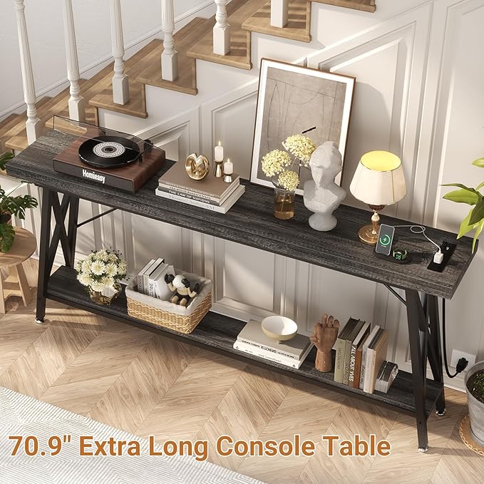Homieasy 70.9 Inch Extra Long Console Table, Industrial Sofa Table Behind Couch with Charging Station & Storage Shelf, Entryway Table for Living Room & Entryway, Grey Oak