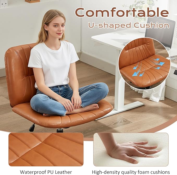 URRED Criss Cross Office Chair, Armless Cross-Legged Desk Chair with Fixed Legs, Height Adjustable Wide Seat Task Vanity Chair for Home Office or Bedroom (Brown)