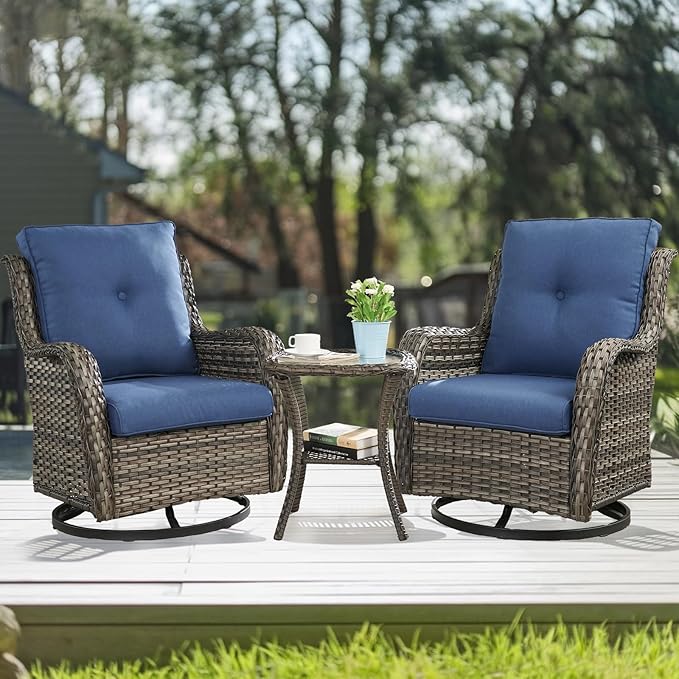 HUMMUH 8 Pieces Outdoor Patio Furniture Set with Fire Pit,L-Shaped Modular Sectional Couches with Swivel Patio Chairs,Wicker Conversation Set for Deck,Backyard,Porch,Garden