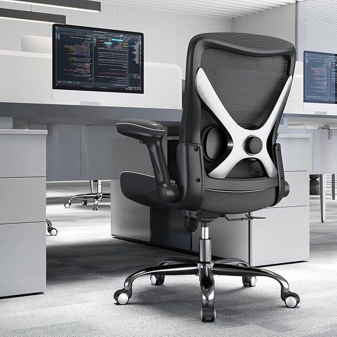Office Home Ergonomic Desk Chair-Computer X-Shaped Chair Mesh PU Leather with Adjustable Lumbar Support-Executive Chair High Back Flip-Up Arms for Long Hours (Black-Silver-No Headrest)