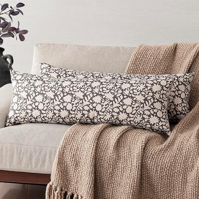 Foindtower Set of 2 Decorative Long Body Lumbar Throw Pillow Covers Accent Farmhouse Cushion Covers Boho Floral Pillowcase for Couch Sofa Bedroom Living Room Home Decor,14×36 Inch,Rustic Gray