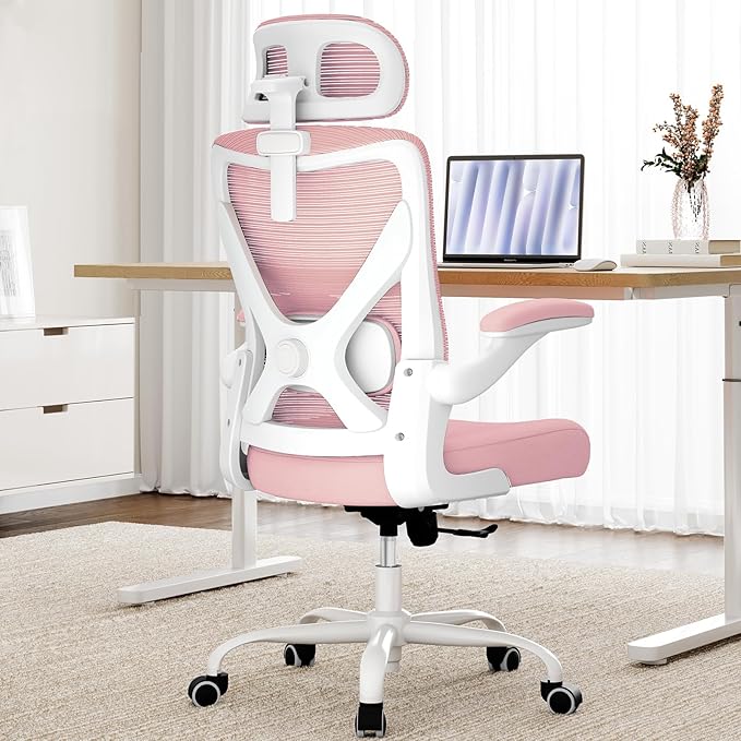 Pink Ergonomic Office Chair: Mesh Desk Chair Comfy with Adjustable Lumbar Support 330lbs High Back Computer Gaming Chair - Big and Tall Office Chairs with Headrest - Adults Home Office