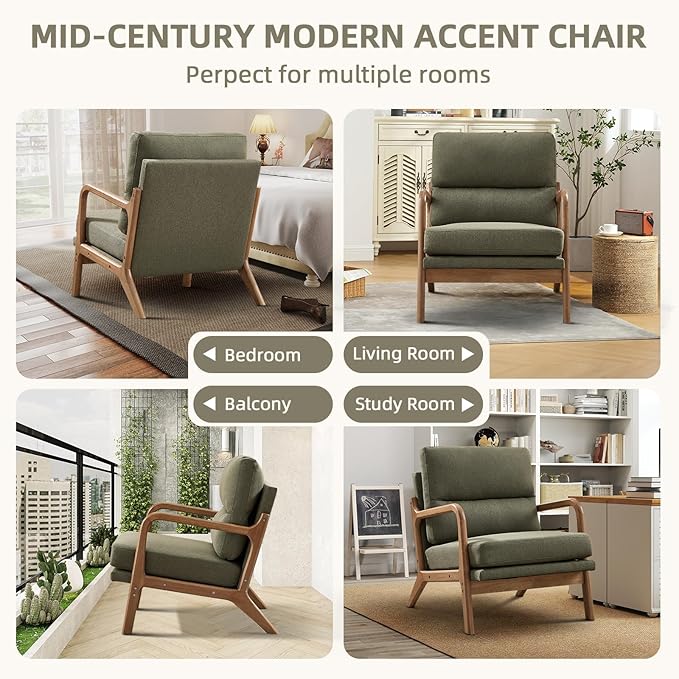 Mid Century Modern Accent Chair Set of 2, Linen Fabric Upholstered Lounge Arm Chair with Solid Wood Frame and Soft Cushion for Living Room, Bedroom, Balcony (1, Green)