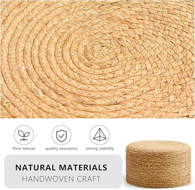 Wimarsbon Round Pouf Ottoman, Natural Hand Knitted Footrest Poof, Rustic Lounge Pouffe, Boho Pous Foot Stool, Accent Table or Seat (Natural Water Hyacinth, 17.7 * 17.7 * 9.84)