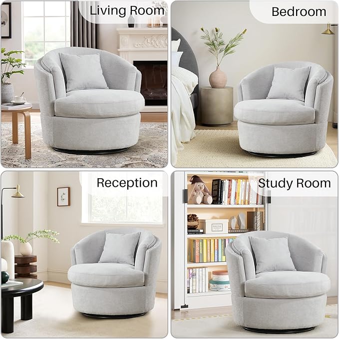 Swivel Accent Chair, 360 Degree Round Swivel Barrel Chair with Pillow, Widened Upholstered Chenille Barrel Armchair for Living Room Bedroom Reading Room, Light Gray